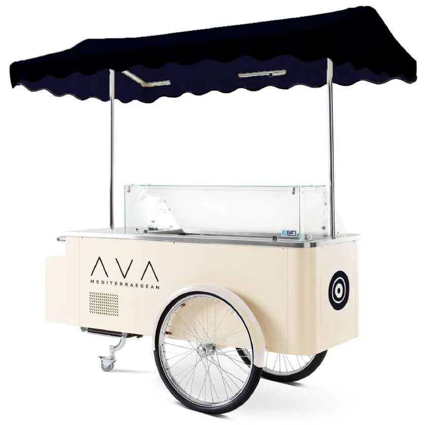 Cream Gelato-Go gelato cart branded AVA Mediterranean, with a navy scalloped canopy and a glass display case