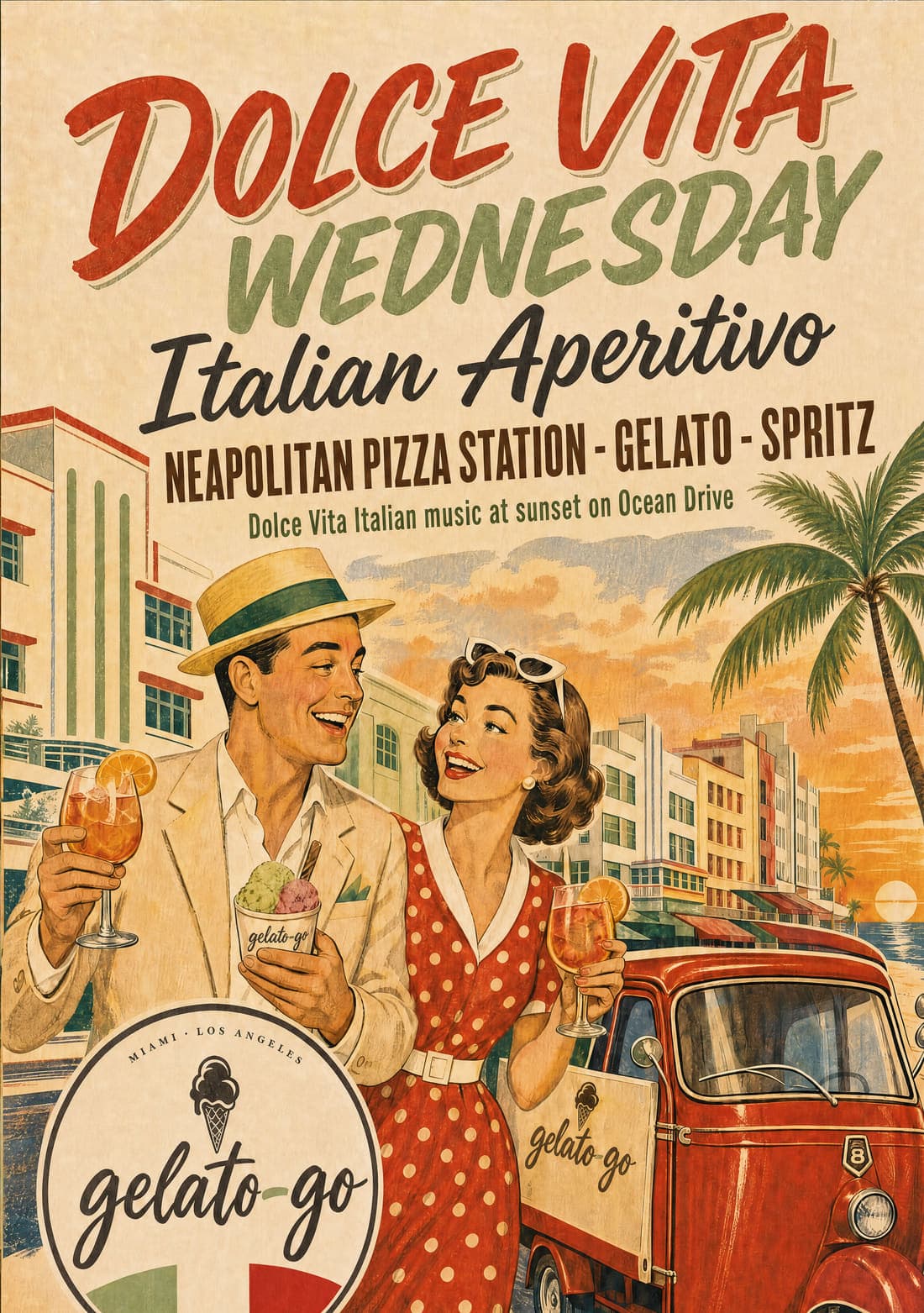 Illustrated Dolce Vita Wednesday poster: an Italian aperitivo scene on Ocean Drive.