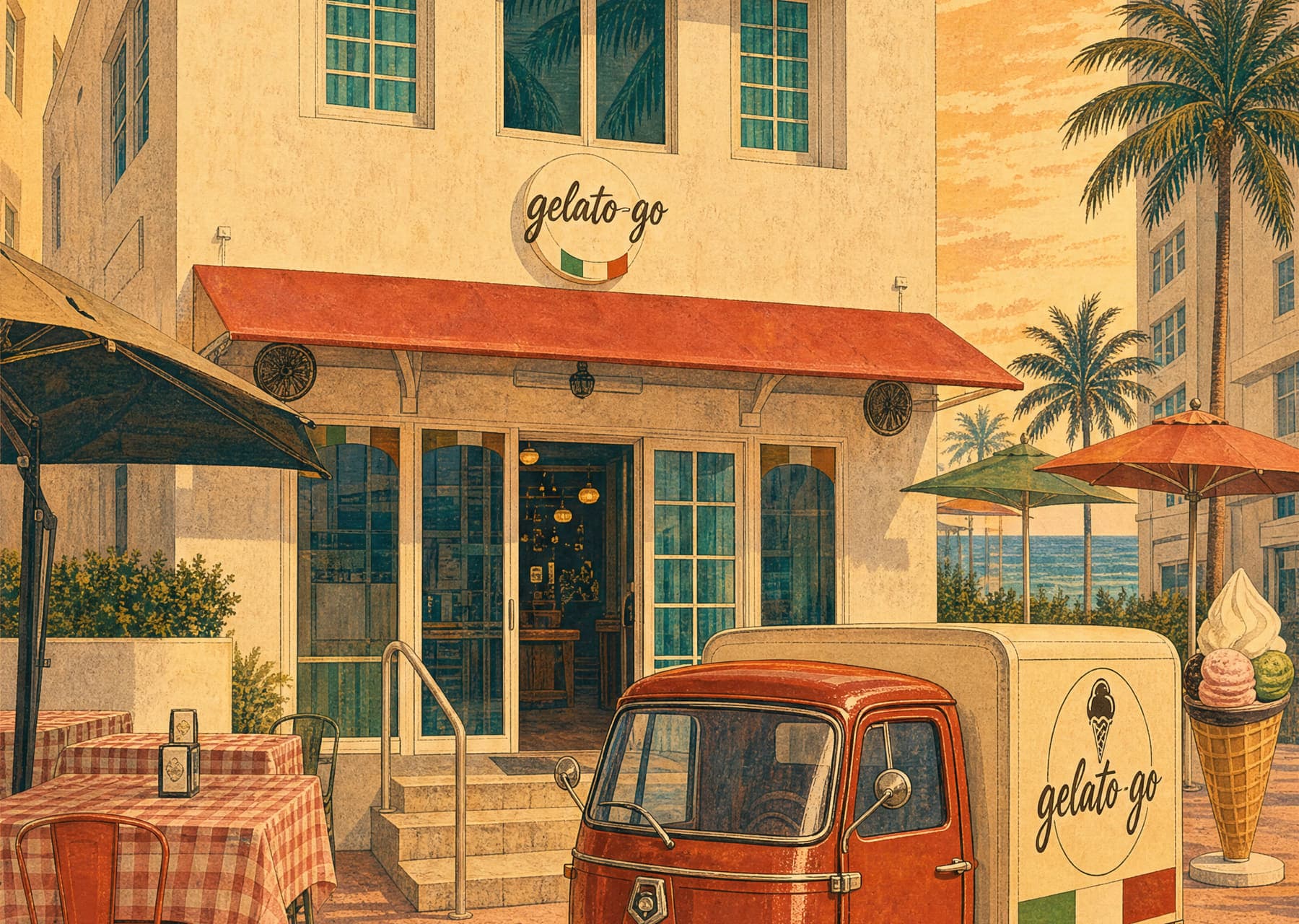 The Gelato Go storefront on Ocean Drive, with its red awning and the red Ape parked out front.