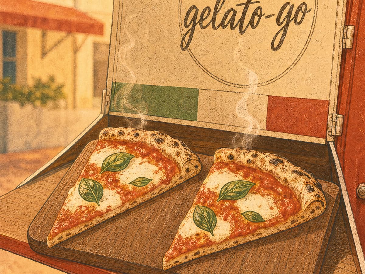 Two slices of Neapolitan margherita on a wooden board, in a Gelato Go box.
