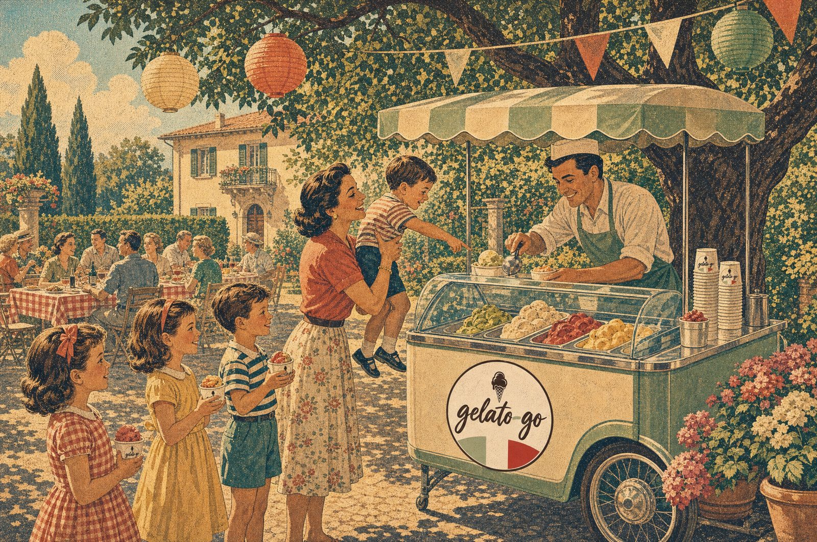 Families at the gelato cart during a garden party