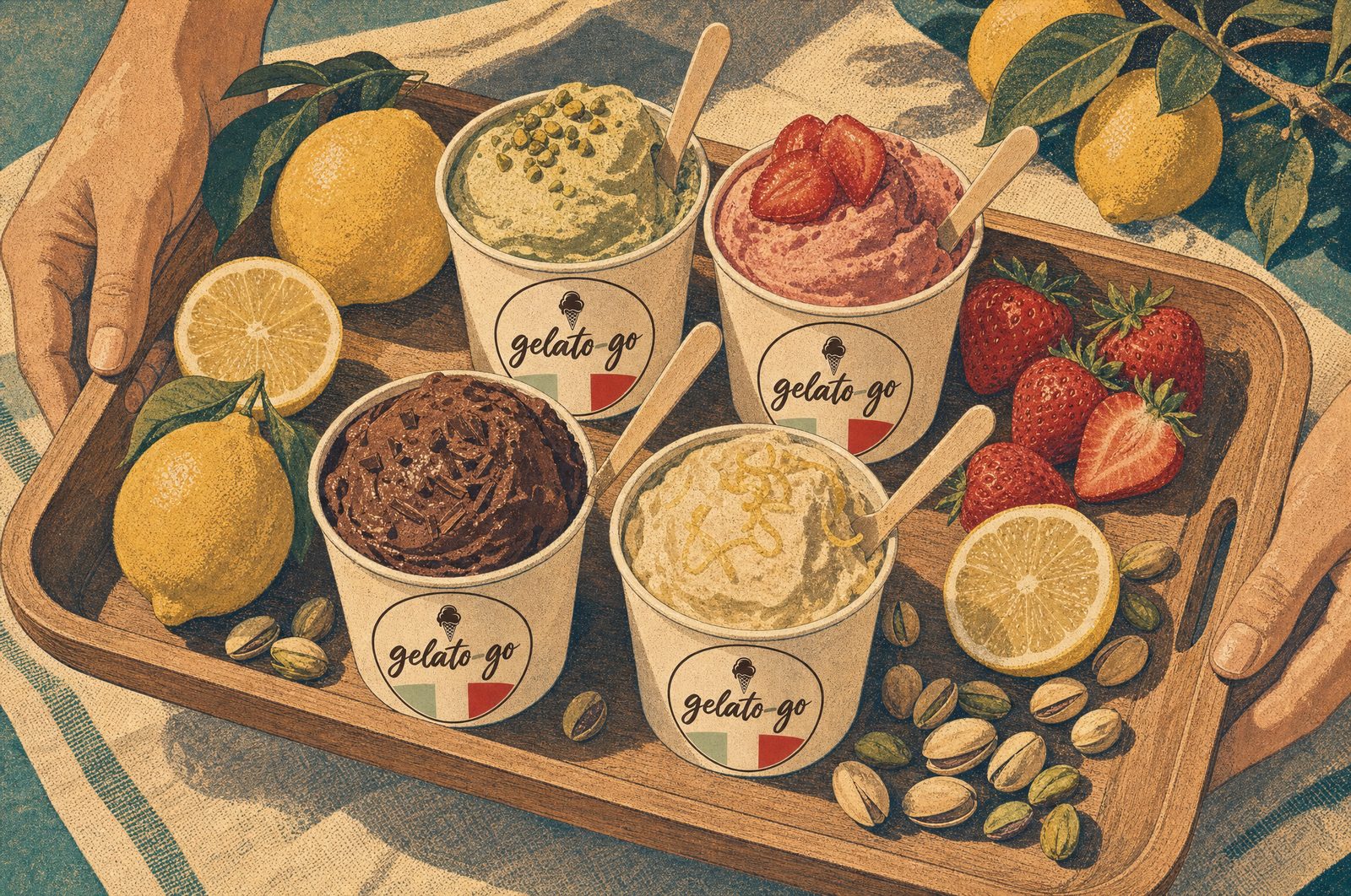 A tray of gelato cups with fresh fruit