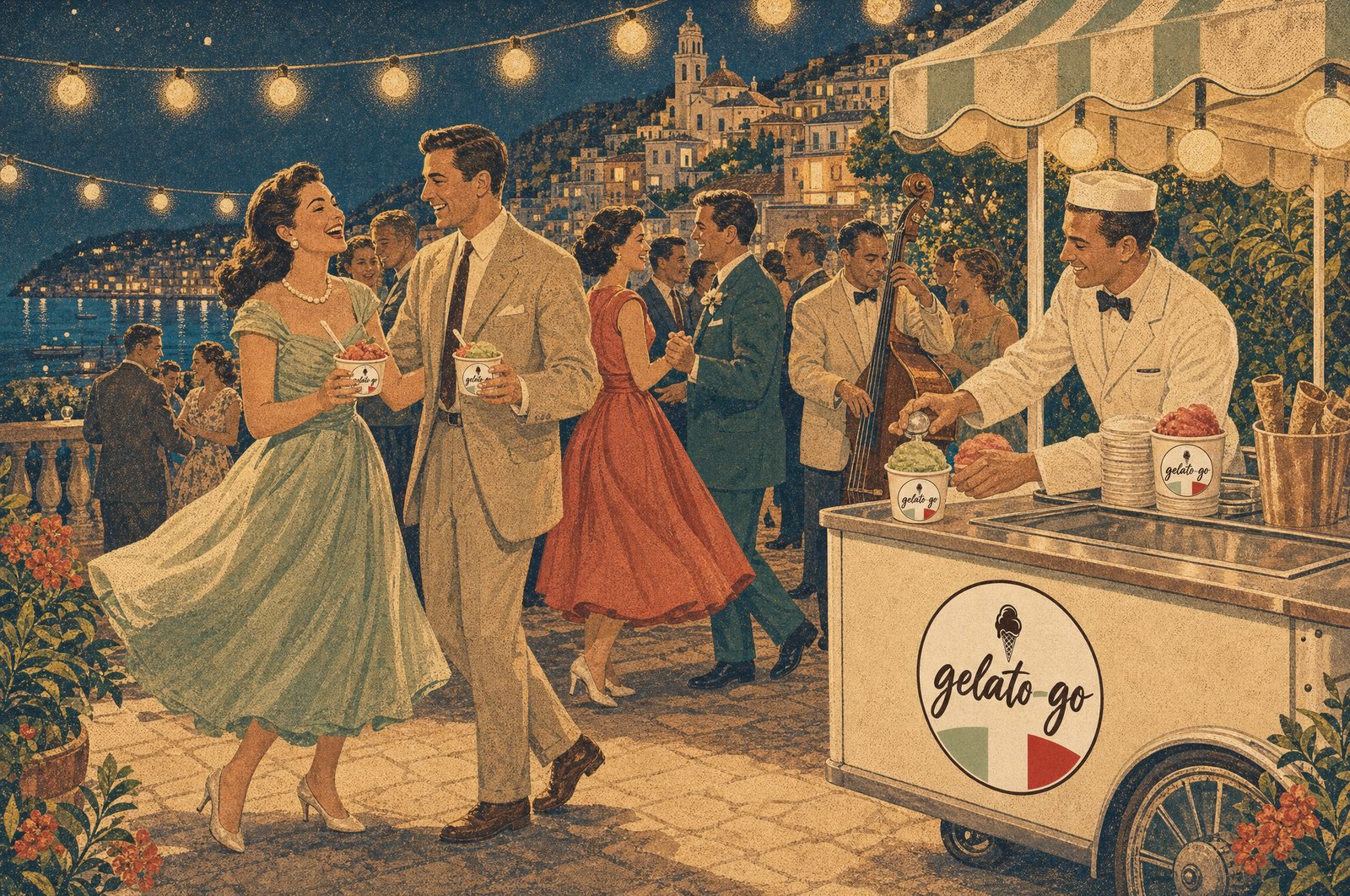 Dancing beside the gelato cart at night