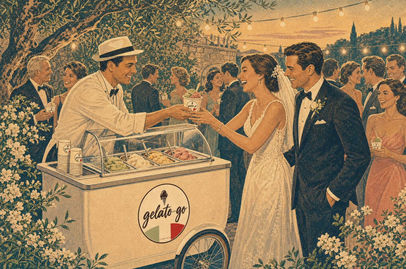 Guests around the gelato cart at a wedding reception