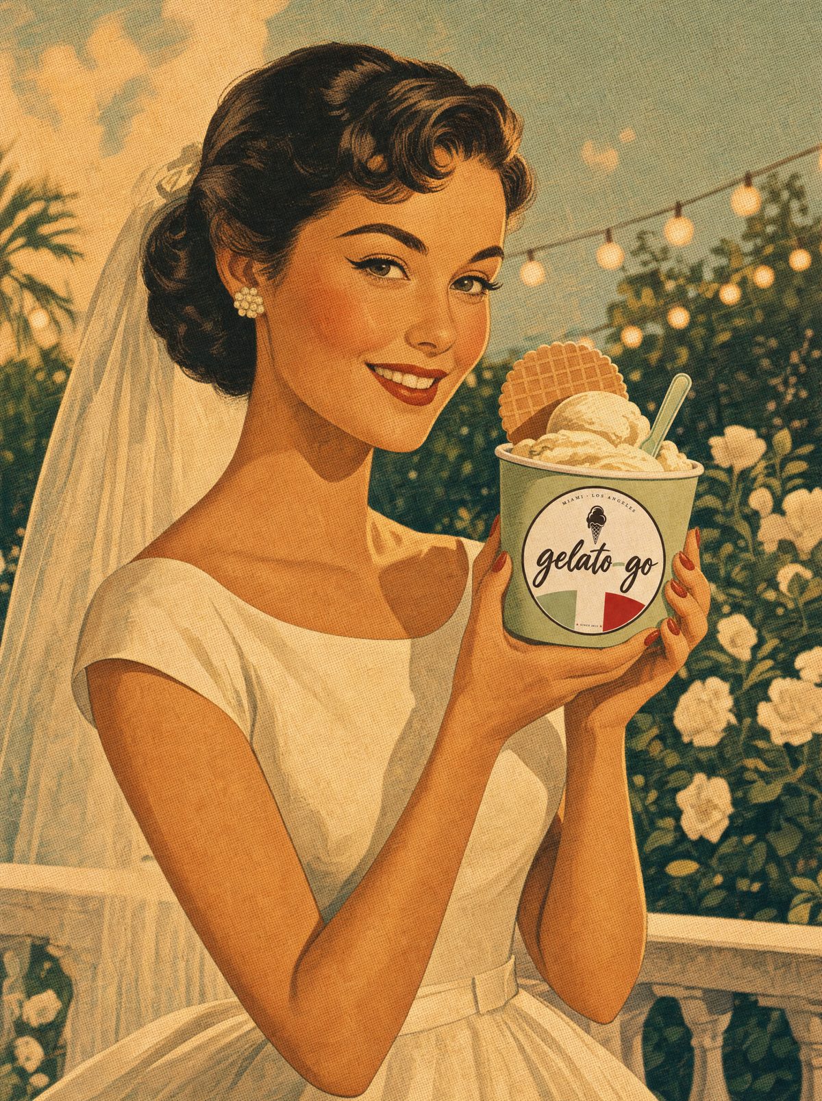 A bride holding a gelato cup
