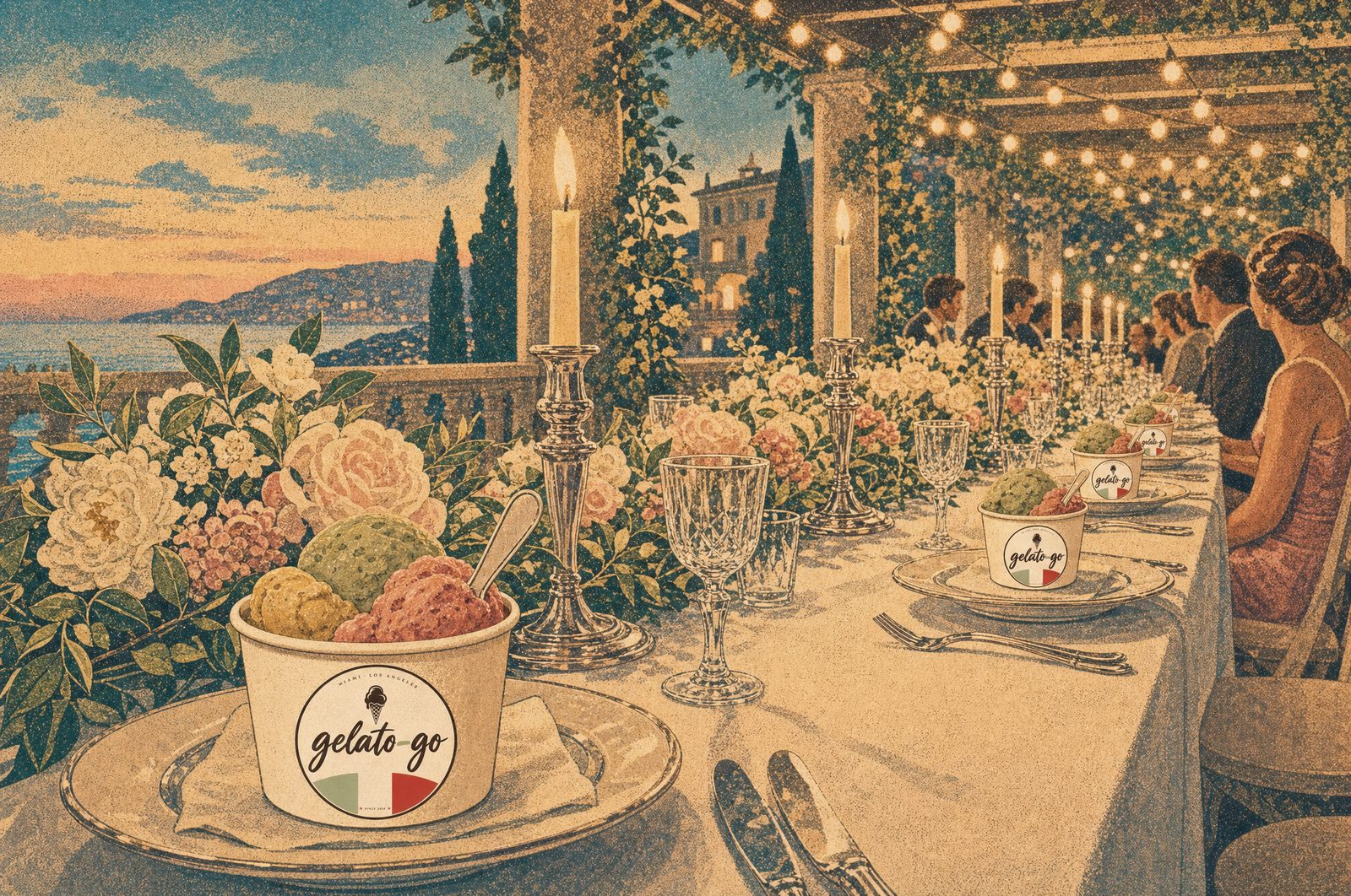 Gelato cups set along the banquet table
