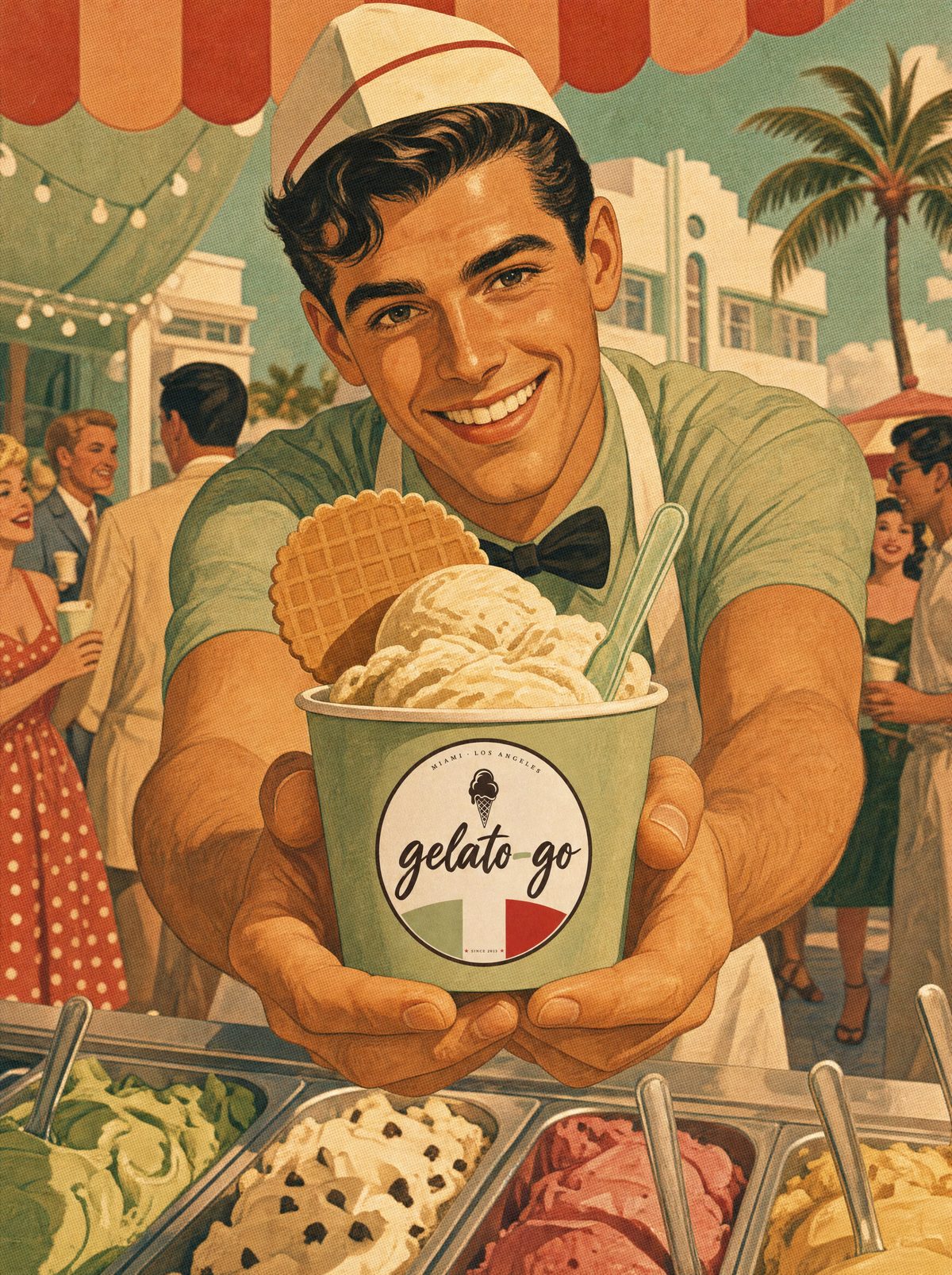 An attendant handing over a gelato cup