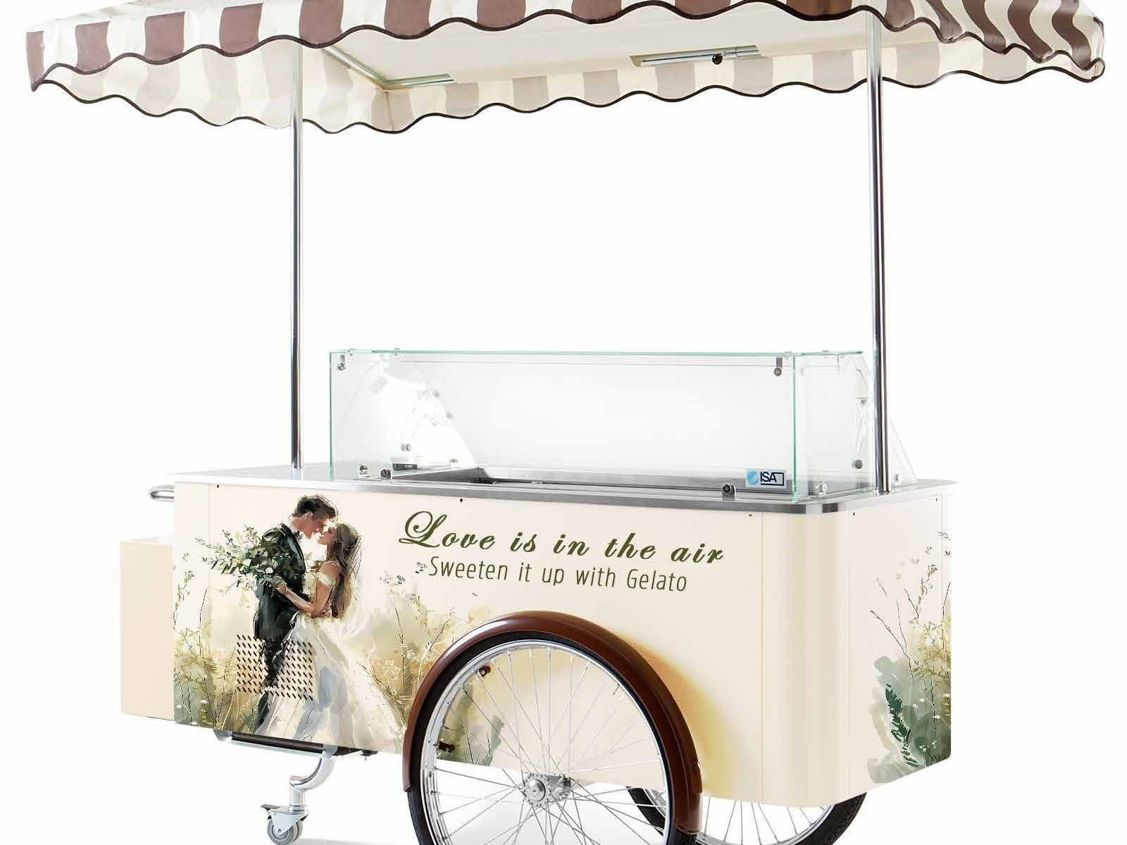 Custom branding — a Gelato Go vintage cart wrapped in a watercolour wedding design reading Love is in the air